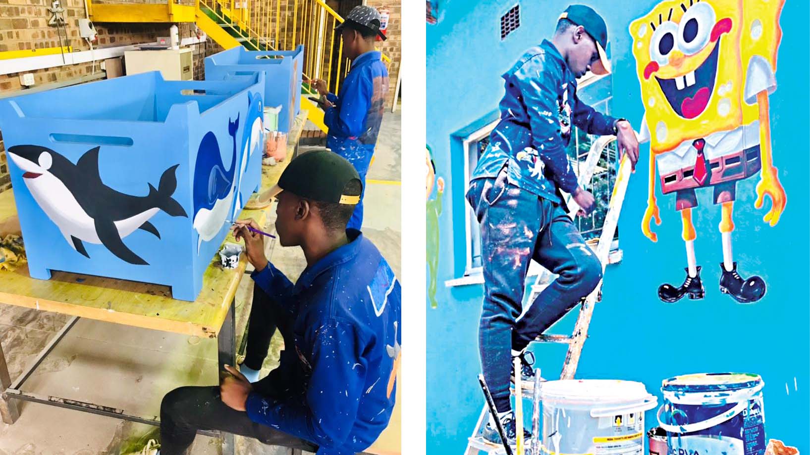 (L-R) Dressed in paint-splattered blue overalls, Lindani uses a fine brush to carefully bring a playful killer whale to life. Lindani painting a larger-than-life SpongeBob SquarePants mural on a bright blue school wall.